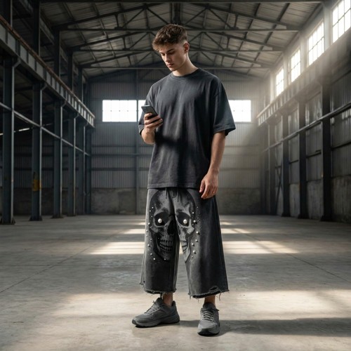 Washed DTG Print Pearl Bead Distressed Wide Leg  Capri pants | Heavy French Terry Fabric | OEM Streetwear