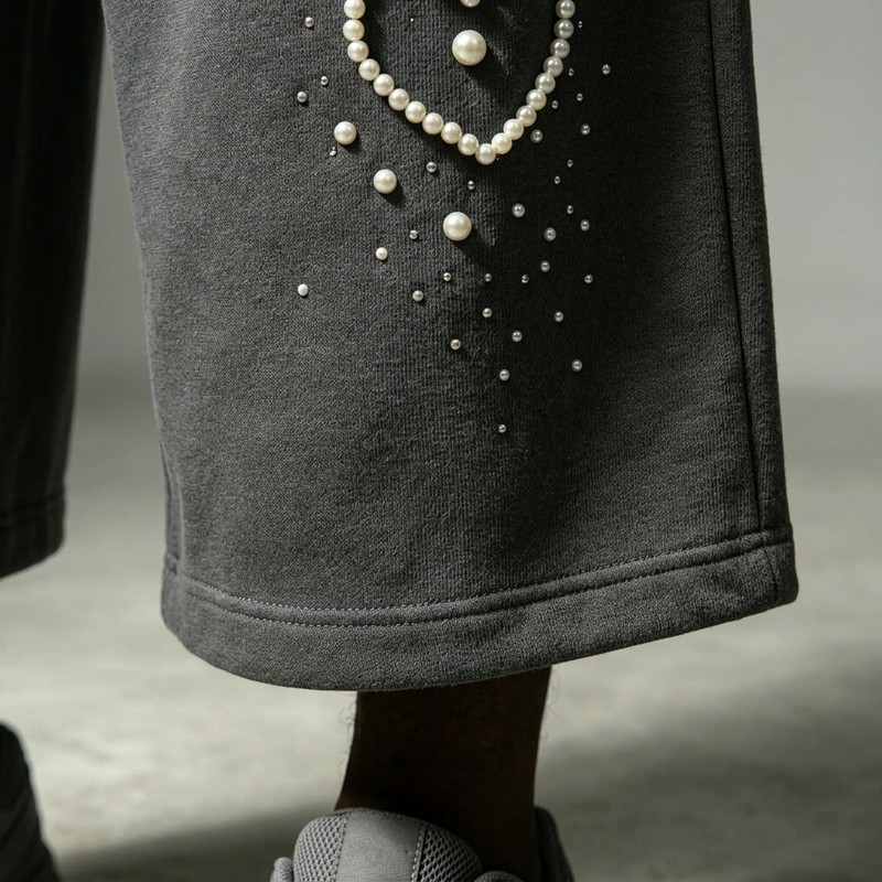Pearl Bead Rhinestone Hotfix Cropped capri pants 