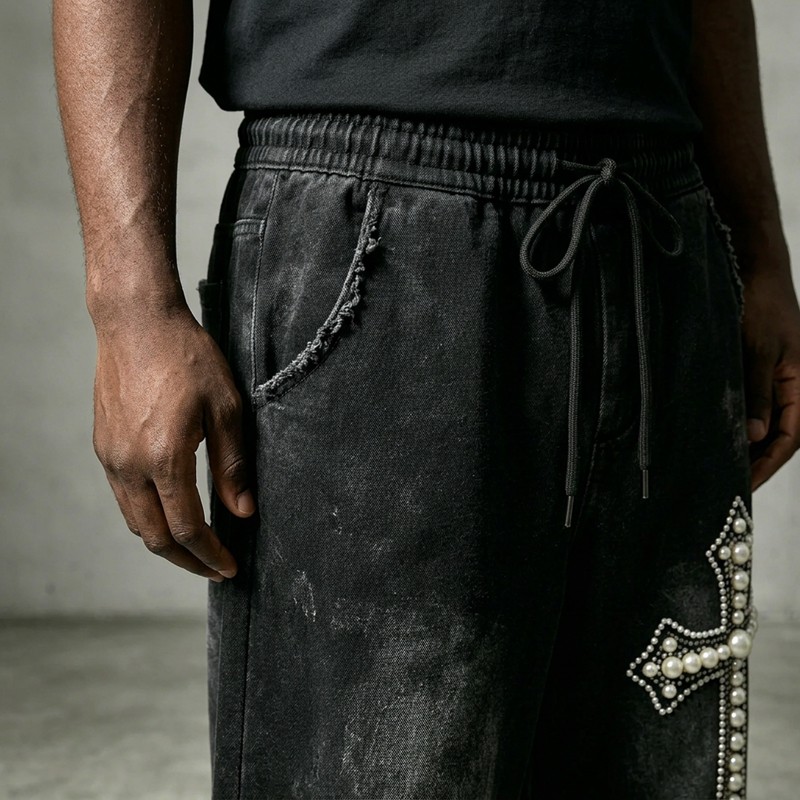 Washed Pearl Bead Rhinestone Cross Cropped Denim Capri Pants