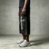Washed Pearl Bead Rhinestone Cross Cropped Denim Capri Pants | Drawstring Waist Denim Fabric | Custom Streatwear