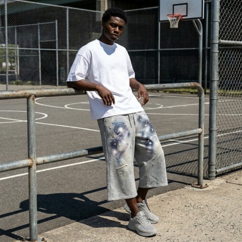 DTG Galaxy Print Pearl Bead Rhinestone Capri pants | French Terry Drawstring Waist | OEM Streetwear