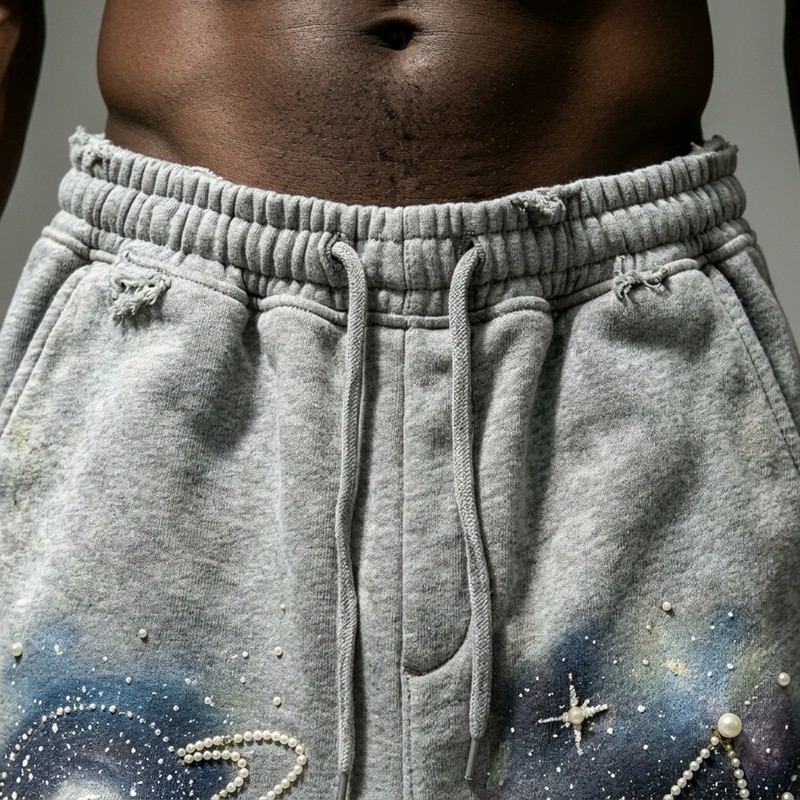 DTG Galaxy Print Pearl Bead Rhinestone Capri pants