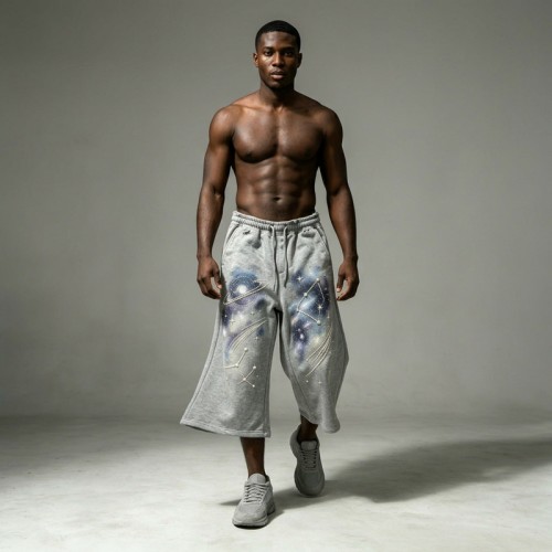 DTG Galaxy Print Pearl Bead Rhinestone Capri pants | French Terry Drawstring Waist | OEM Streetwear