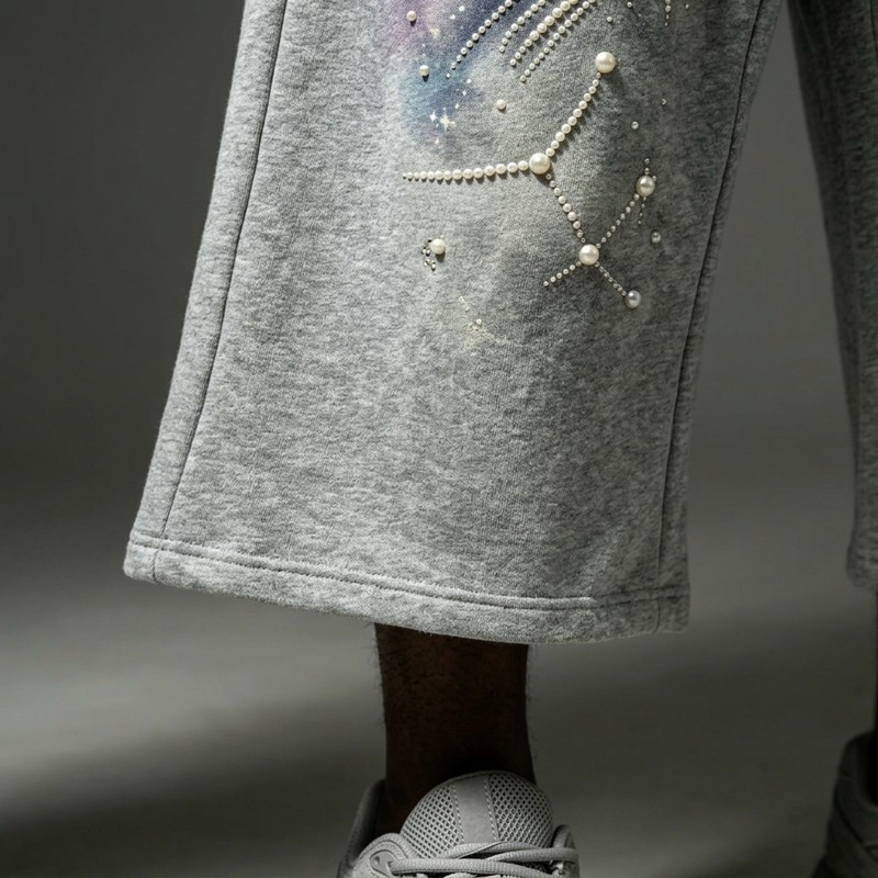 DTG Galaxy Print Pearl Bead Rhinestone Capri pants