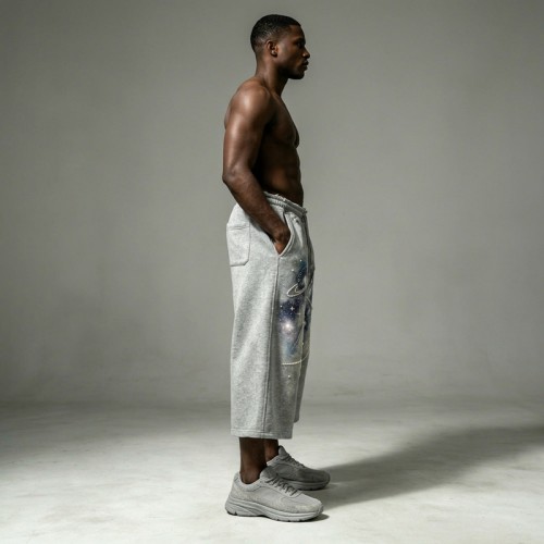 DTG Galaxy Print Pearl Bead Rhinestone Capri pants | French Terry Drawstring Waist | OEM Streetwear