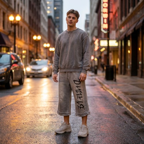 Acid Washed Spray Dye DTG Print Bead Embellished Capri pants | Heavyweight cotton | Custom Streetwear