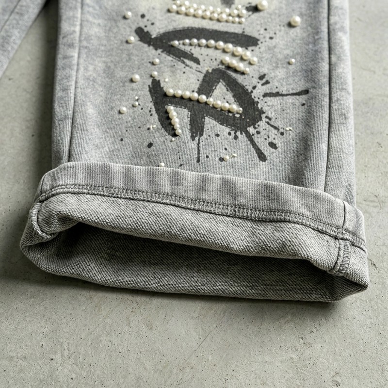 Acid Washed Spray Dye DTG Print Bead Embellished Capri pants