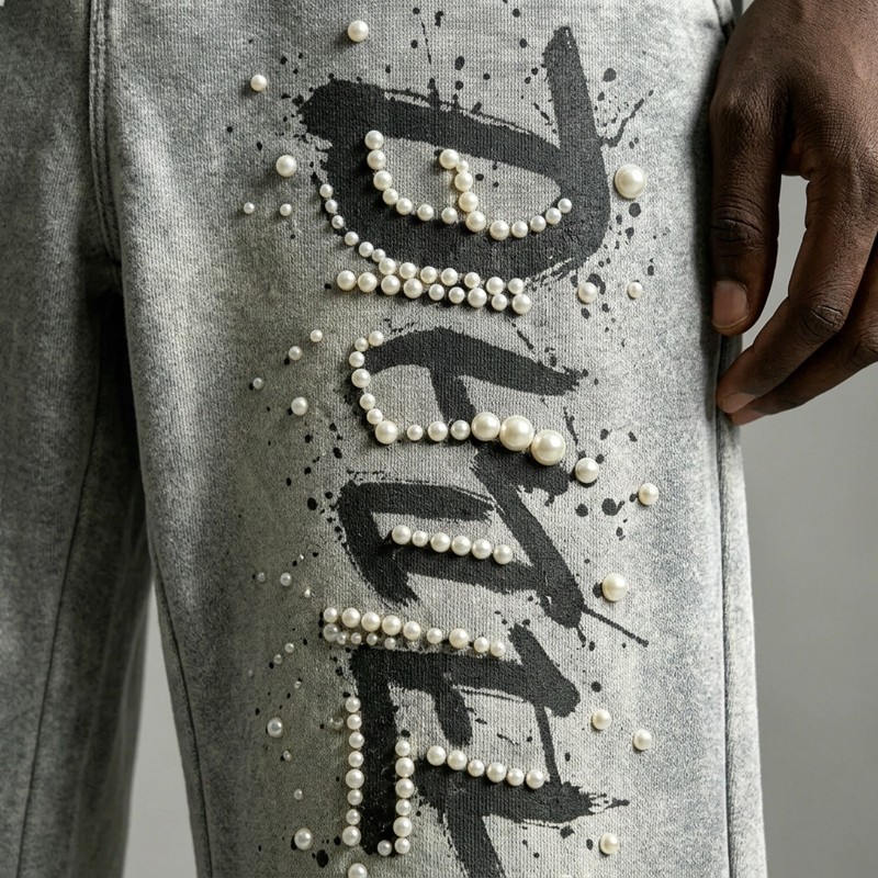 Acid Washed Spray Dye DTG Print Bead Embellished Capri pants