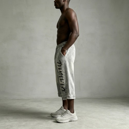 Acid Washed Spray Dye DTG Print Bead Embellished Capri pants | Heavyweight cotton | Custom Streetwear