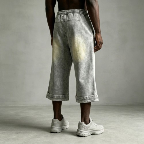 Acid Washed Spray Dye DTG Print Bead Embellished Capri pants | Heavyweight cotton | Custom Streetwear
