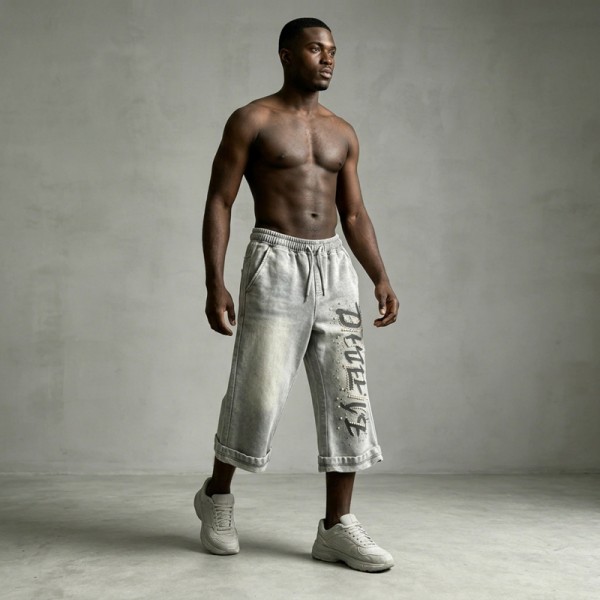 Acid Washed Spray Dye DTG Print Bead Embellished Capri pants | Heavyweight cotton | Custom Streetwear