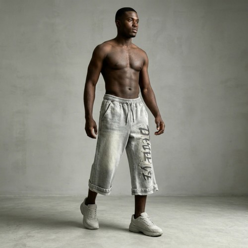Acid Washed Spray Dye DTG Print Bead Embellished Capri pants | Heavyweight cotton | Custom Streetwear