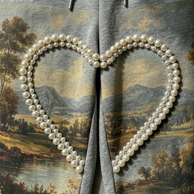 DTG Landscape Print Pearl Heart Bead Capri pants
