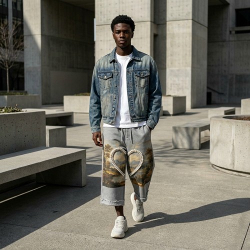 DTG Landscape Print Pearl Heart Bead Capri pants | Frayed Raw Hem | Custom Streetwear Manufacturer