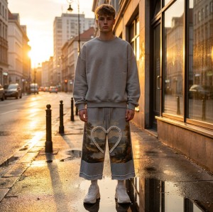 DTG Landscape Print Pearl Heart Bead Capri pants | Frayed Raw Hem | Custom Streetwear Manufacturer