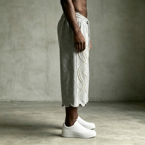 Pearl Bead Embellished Wavy Hem Cropped Capri pants | Elastic Drawstring Waist | Custom Streetwear