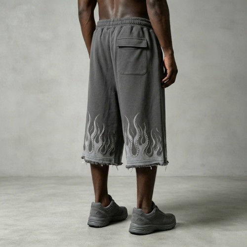 Washed DTG Flame Print Pearl Bead Capri pants | Frayed Raw Cuff | French Terry Drawstring Waist | OEM Streetwear