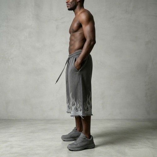 Washed DTG Flame Print Pearl Bead Capri pants | Frayed Raw Cuff | French Terry Drawstring Waist | OEM Streetwear