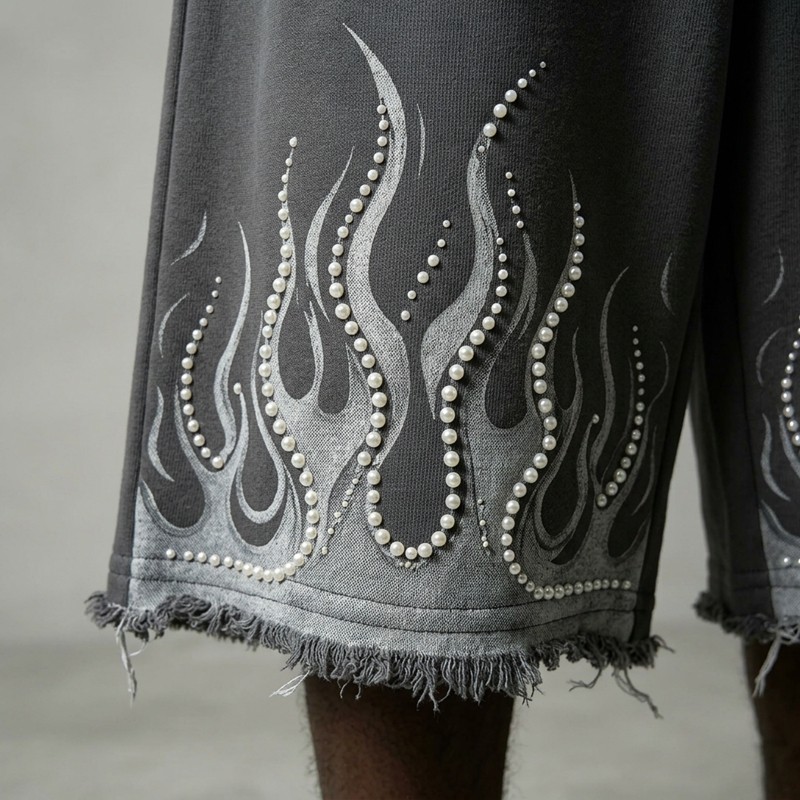 Washed DTG Flame Print Pearl Bead Capri pants