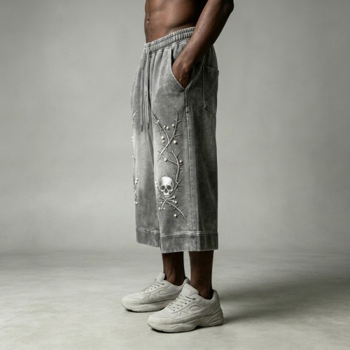 Acid Washed Skull Embroidery Pearl Bead Capri pants | French Terry Drawstring Waist | Streetwear Manufacturer