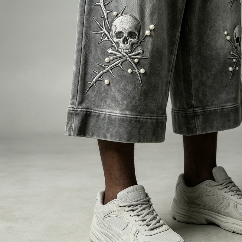 Acid Washed Skull Embroidery Pearl Bead Capri pants