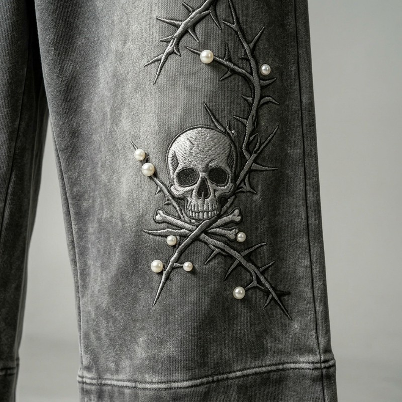 Acid Washed Skull Embroidery Pearl Bead Capri pants