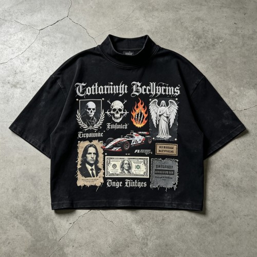 DTG Print Washed Mock Neck Cropped Oversize Tee | Gothic Patchwork Collage Graphic | Custom Streetwear