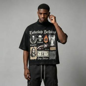 DTG Print Washed Mock Neck Cropped Oversize Tee | Gothic Patchwork Collage Graphic | Custom Streetwear