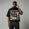 DTG Print Washed Mock Neck Cropped Oversize Tee | Gothic Patchwork Collage Graphic | Custom Streetwear