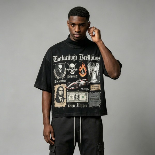 DTG Print Washed Mock Neck Cropped Oversize Tee | Gothic Patchwork Collage Graphic | Custom Streetwear