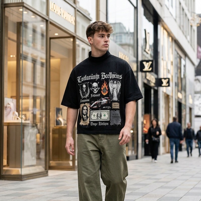 DTG Print Washed Mock Neck Cropped Oversize Tee