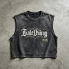 Washed DTG Print Rivet Patch Cropped Sleeveless Tank Top | Raw Frayed Hem | Streetwear Manufacturer