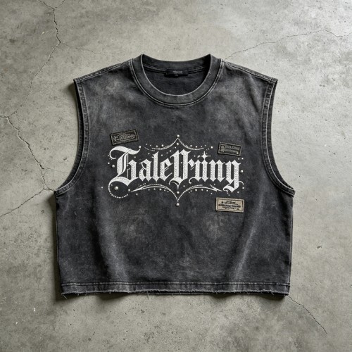 Washed DTG Print Rivet Patch Cropped Sleeveless Tank Top | Raw Frayed Hem | Streetwear Manufacturer