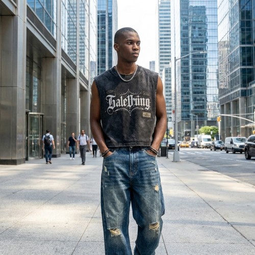 Washed DTG Print Rivet Patch Cropped Sleeveless Tank Top | Raw Frayed Hem | Streetwear Manufacturer