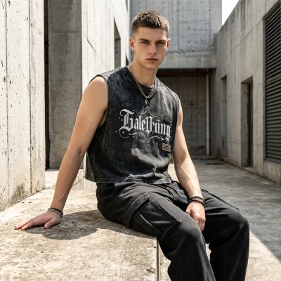 Washed DTG Print Rivet Patch Cropped Sleeveless Tank Top | Raw Frayed Hem | Streetwear Manufacturer