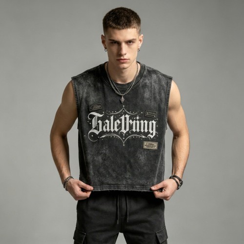 Washed DTG Print Rivet Patch Cropped Sleeveless Tank Top | Raw Frayed Hem | Streetwear Manufacturer