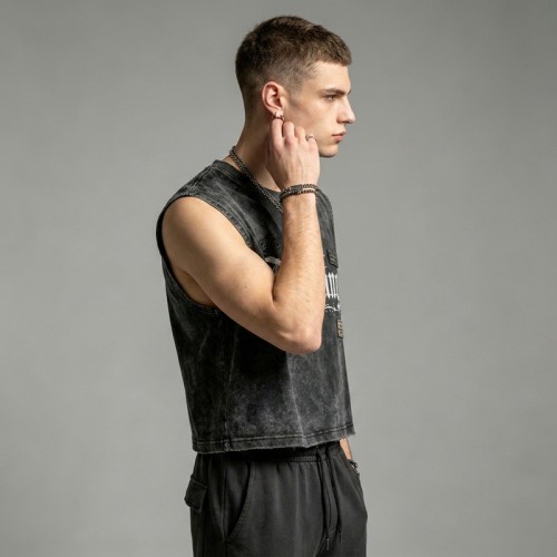 Washed DTG Print Rivet Patch Cropped Sleeveless Tank Top | Raw Frayed Hem | Streetwear Manufacturer