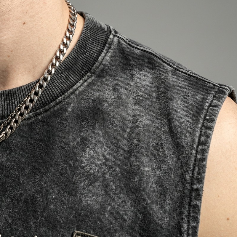 Washed DTG Print Rivet Patch Cropped Sleeveless Tank Top