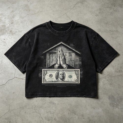 Washed DTG Dollar Prayer Print Cropped Distressed Tee | Frayed Raw Edge Hem | Clothing Manufacturer