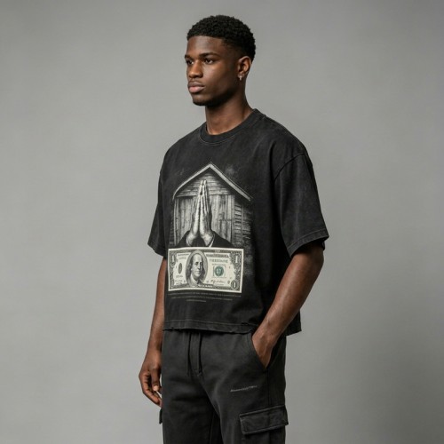 Washed DTG Dollar Prayer Print Cropped Distressed Tee | Frayed Raw Edge Hem | Clothing Manufacturer