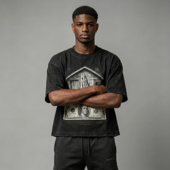 Washed DTG Dollar Prayer Print Cropped Distressed Tee | Frayed Raw Edge Hem | Clothing Manufacturer