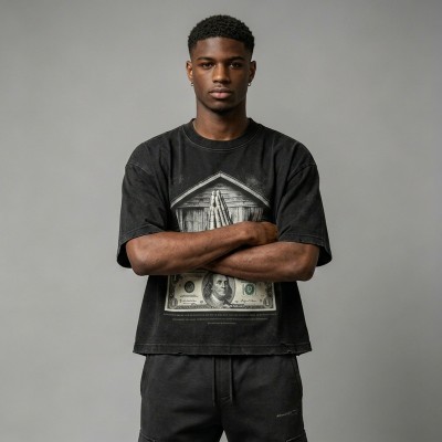 Washed DTG Dollar Prayer Print Cropped Distressed Tee | Frayed Raw Edge Hem | Clothing Manufacturer
