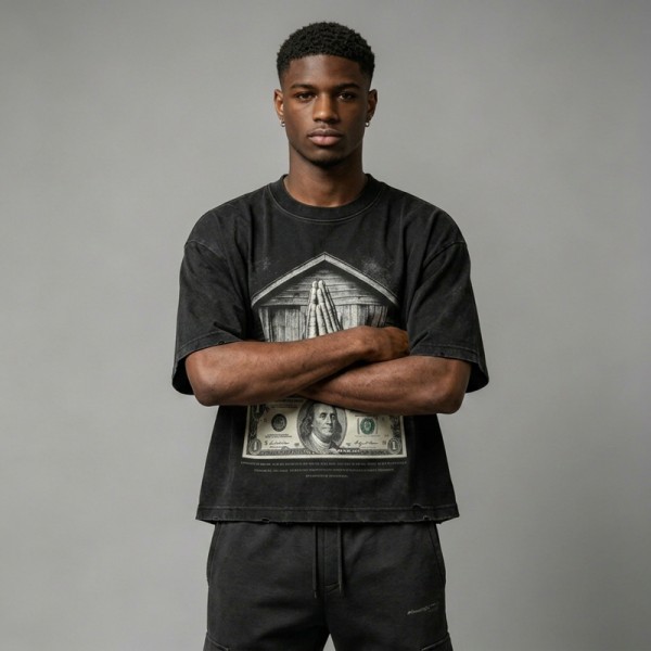 Washed DTG Dollar Prayer Print Cropped Distressed Tee | Frayed Raw Edge Hem | Clothing Manufacturer