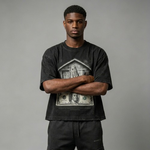 Washed DTG Dollar Prayer Print Cropped Distressed Tee | Frayed Raw Edge Hem | Clothing Manufacturer