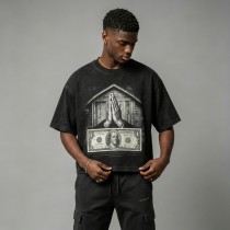 Washed DTG Dollar Prayer Print Cropped Distressed Tee | Frayed Raw Edge Hem | Clothing Manufacturer