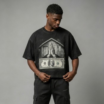 Washed DTG Dollar Prayer Print Cropped Distressed Tee | Frayed Raw Edge Hem | Clothing Manufacturer
