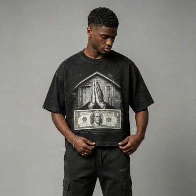 Washed DTG Dollar Prayer Print Cropped Distressed Tee | Frayed Raw Edge Hem | Clothing Manufacturer