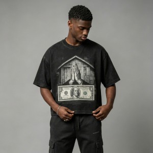 Washed DTG Dollar Prayer Print Cropped Distressed Tee | Frayed Raw Edge Hem | Clothing Manufacturer