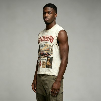 Vintage Washed DTG Print Rivet Stud Sleeveless Cropped Tank Top | Distressed Frayed Edge | OEM Streetwear