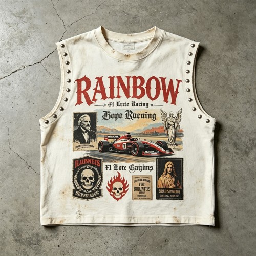Vintage Washed DTG Print Rivet Stud Sleeveless Cropped Tank Top | Distressed Frayed Edge | OEM Streetwear